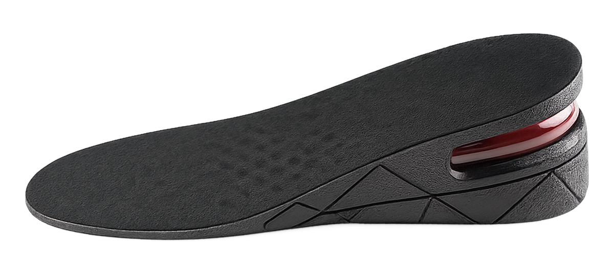 Stature Air Lift height increase insole in side profile, showing the layered heel wedge and red air-cushion capsule