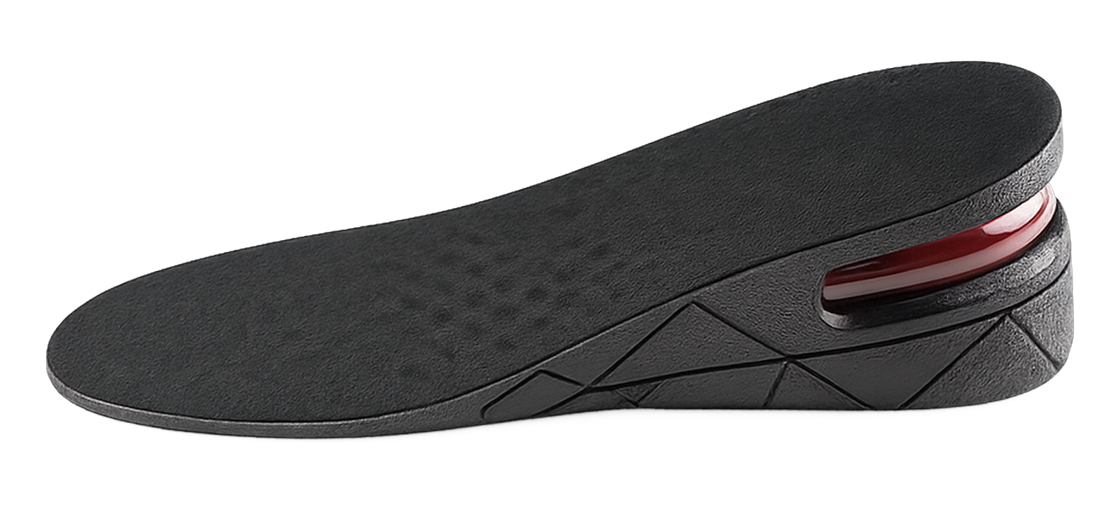 Stature Air Lift height increase insole in side profile, showing the layered heel wedge and red air-cushion capsule
