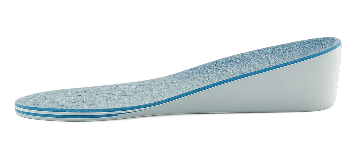 Pale blue arch-support height increase insole in side profile, showing its layered wedge