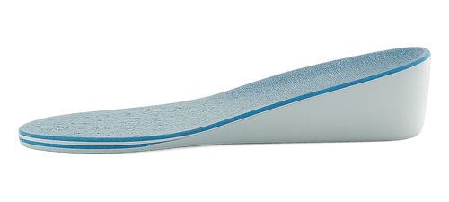 Pale blue arch-support height increase insole in side profile, showing its layered wedge