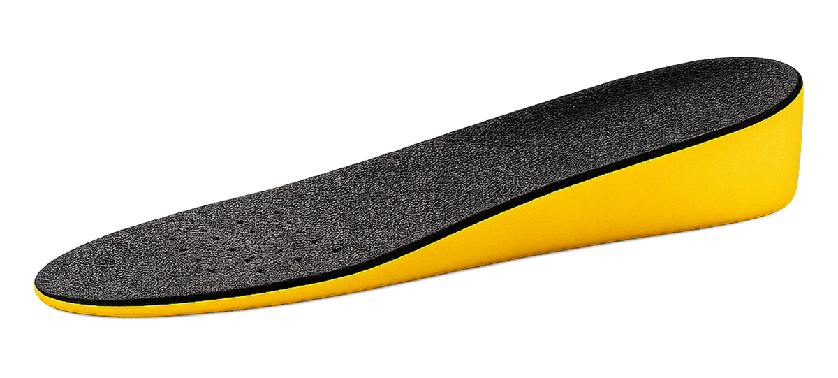 Black and yellow height increase insole in side profile, with a perforated footbed and solid wedge heel