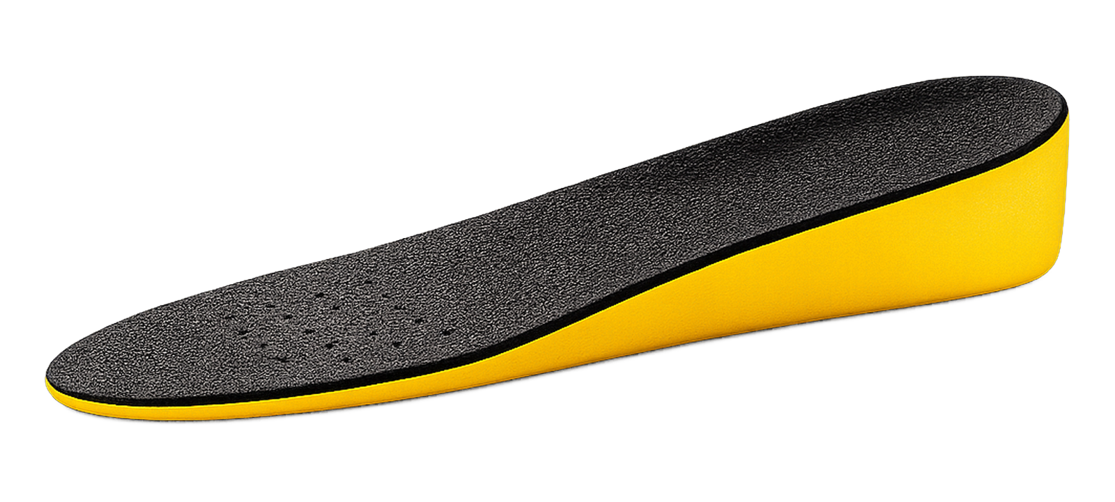 Black and yellow height increase insole in side profile, with a perforated footbed and solid wedge heel