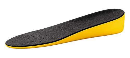 Black and yellow height increase insole in side profile, with a perforated footbed and solid wedge heel