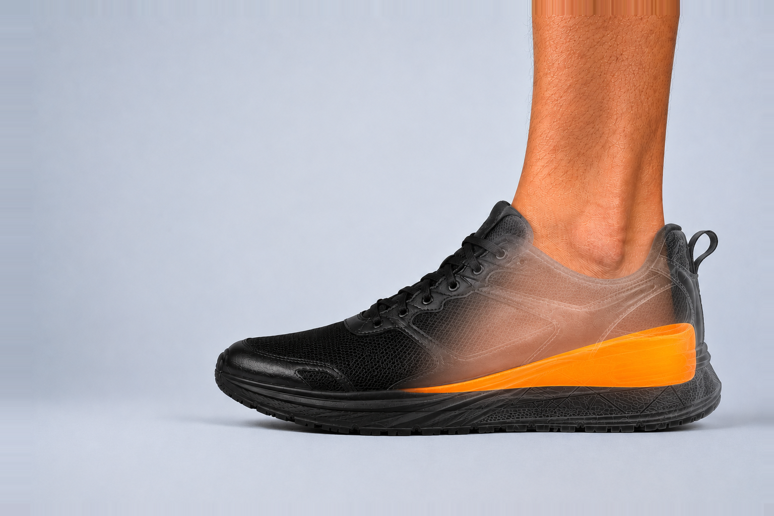 Cutaway view of the same trainer showing the orange height-increase insole wedge lifting the heel inside the shoe