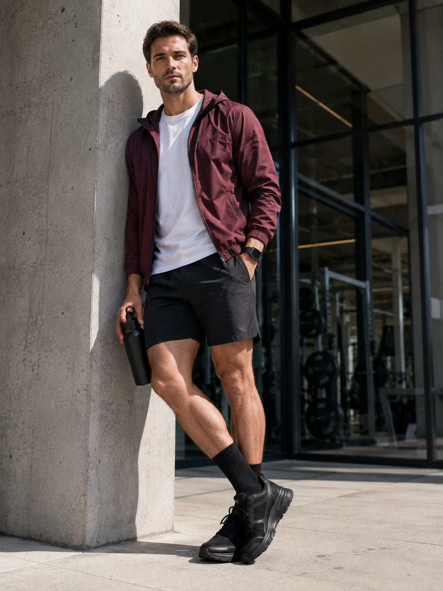 Man in a burgundy windbreaker and black shorts leaning on a concrete pillar outside a gym in black trainers, shot from ground level