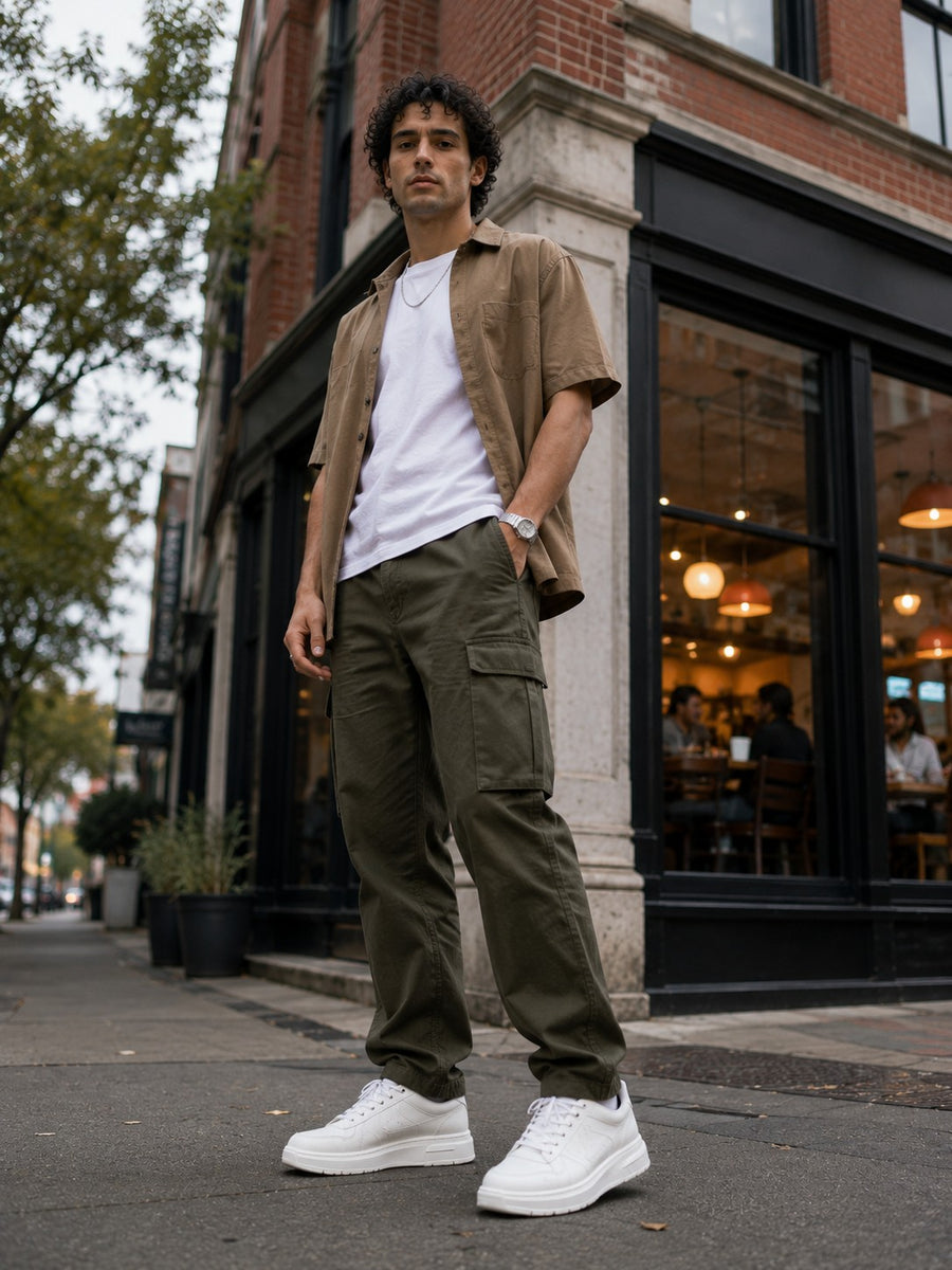 Man in a tan overshirt and olive cargo trousers standing outside a city cafe in white chunky sneakers, shot from ground level