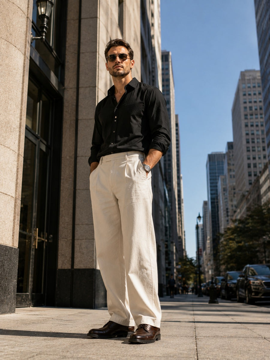 Man in a black shirt and cream wide-leg trousers on a downtown street in brown leather derby shoes, shot from ground level