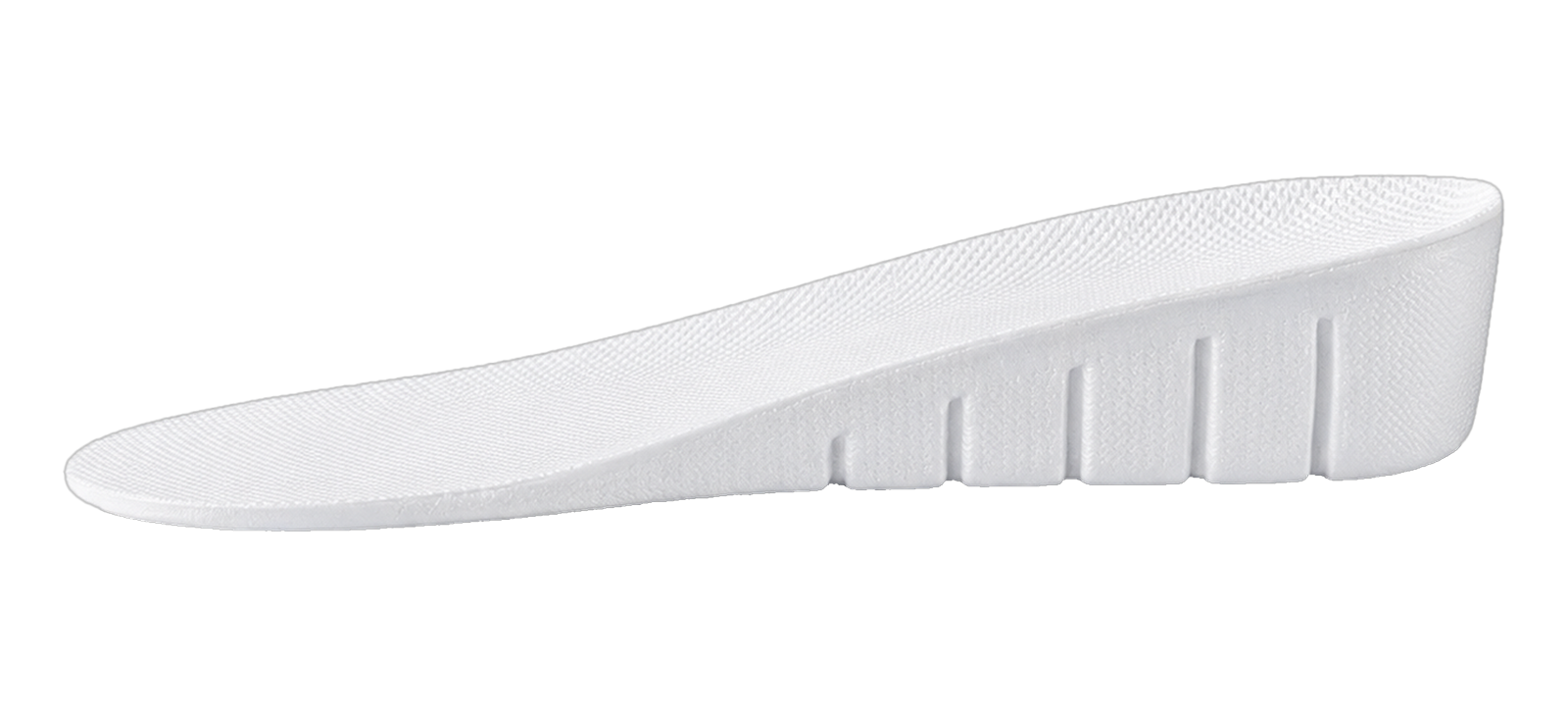 White shock-absorbing sports height increase insole in side profile, with a ribbed wedge heel