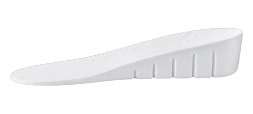 White shock-absorbing sports height increase insole in side profile, with a ribbed wedge heel